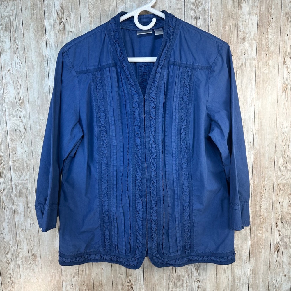 Chico's Women's Jacket Blazer Navy Blue Cotton‎ Ruched lightweight Size 2